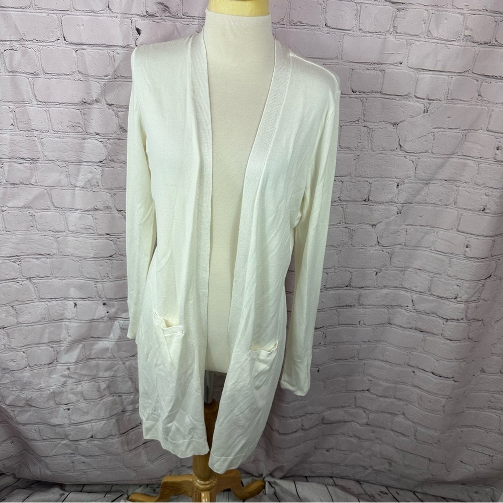 White House Black Market Cream long sweater Cardigan open front sz L classic